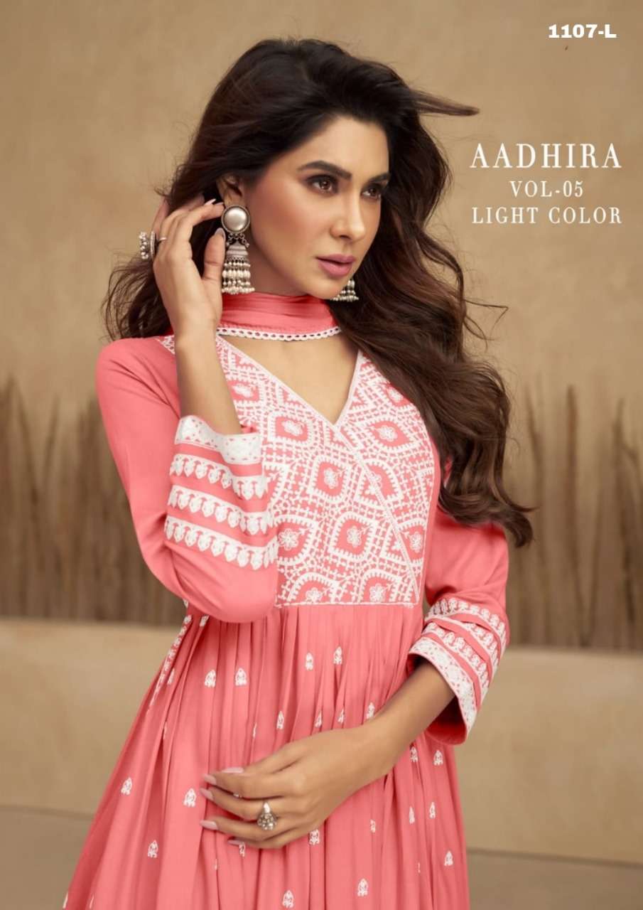 AADHRA VOL 5 LIGHT COLOR PURE RAYON LAKHNAWI WORK NAYRA CUT KURTI WITH COTTON PLAZZO AND DUPATTA BY S3FOREVER BRAND POSTER